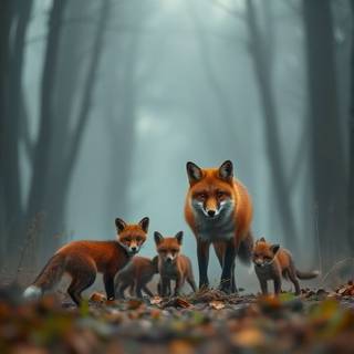 Red fox with pups