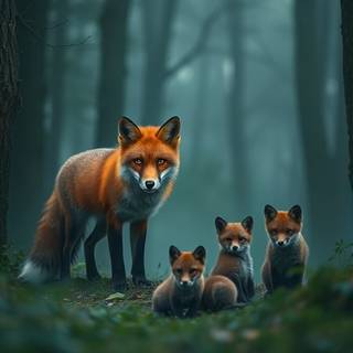 Red fox with pups