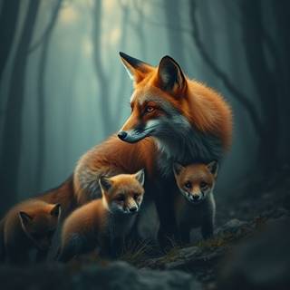 Red fox with pups