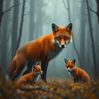 Red fox with pups