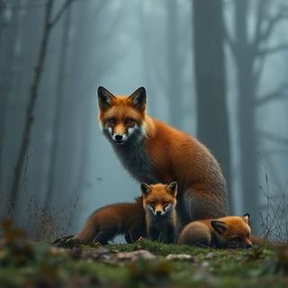 Red fox with pups