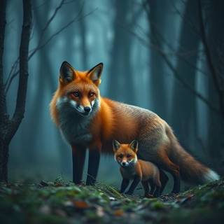 Red fox with pup