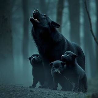 Black wolf with her pups Howling