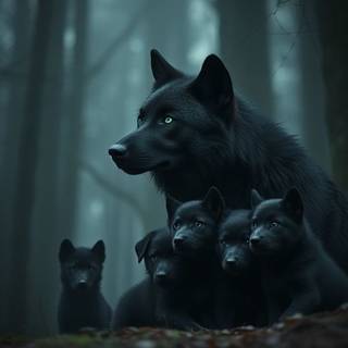  Black wolf with her pups Hunting