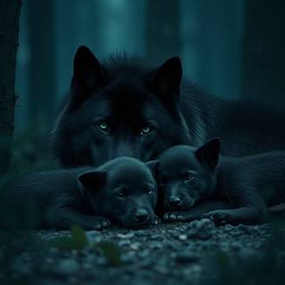 Black wolf with her pups Sleeping