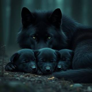 Black wolf with her pups Sleeping 