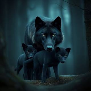 Black wolf with her pups Hunting