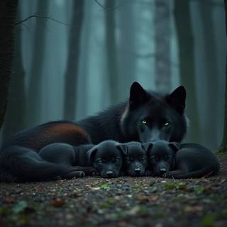 Black wolf with her pups Sleeping