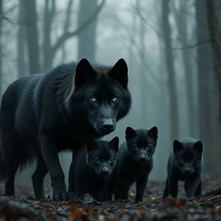 Black wolf with her pups Hunting