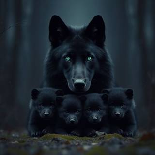 Black wolf with her pups