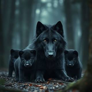 Black wolf with her pups