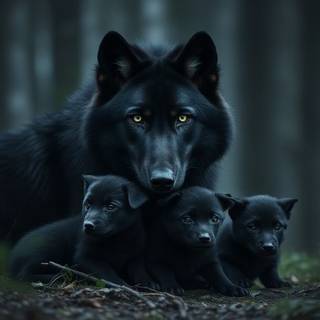 Black wolf with her pups