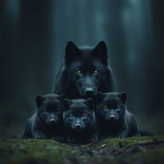 Black wolf with her pups