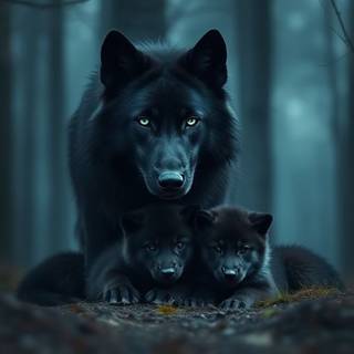Black wolf with her pups Hunting