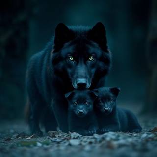 Black wolf with her pups