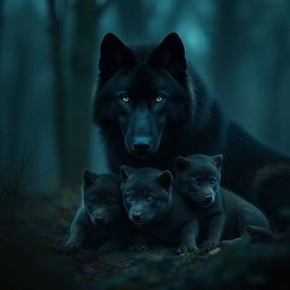 Black wolf with her pups
