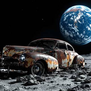 Rust in Space" – For the abandoned, rusty car on the moon with Earth in the background. This title highlights the contrast between the decayed car and the vastness of space.