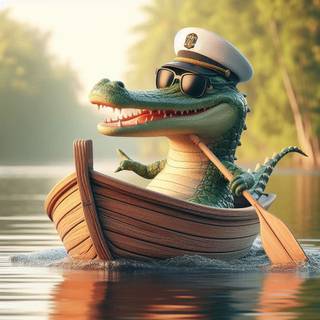 a crocadile riding a boat