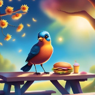 A bird eating a hamburger.