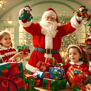 Santa Claus is handing out gifts to children Generative AI Wallpaper for Desktop PC Laptop Macbook