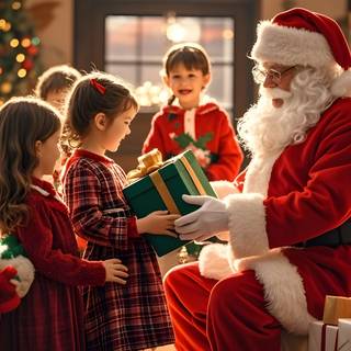 Santa Claus is handing out gifts to children 4K HD AI Wallpaper for Desktop PC Laptop Macbook