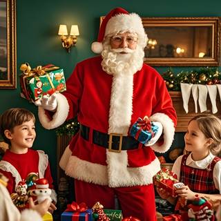 Santa Claus is handing out gifts to children AI Wallpaper for Desktop PC Laptop Macbook 4K HD