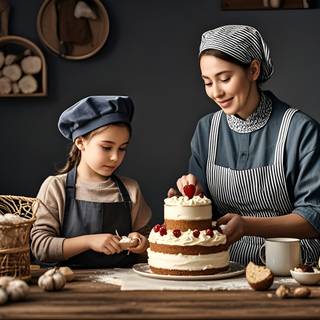 A little girl is making a cake with her mother AI Wallpaper Landscape 4K HD for PC Laptop MacBook