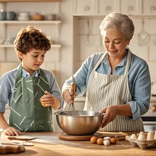 A Little Boy is Making a Cake with his Grandmother AI Wallpaper Landscape 4K HD for PC Laptop MacBook