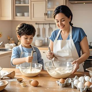  A little boy is making a cake with his mother AI Landscape Wallpaper 4K HD for PC Laptop MacBook