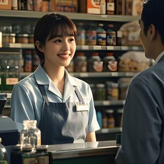  A Friendly Cashier is Chatting With a Customer Generative AI Wallpaper Landscape for PC Laptop MacBook 4K HD