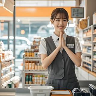 A Friendly Cashier is Welcoming Customers Generative AI Wallpaper Landscape for PC Laptop MacBook 4K HD
