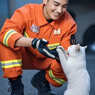 A Firefighter Is Playing With A White Cat AI Wallpaper for Android Phone Iphone 4K HD