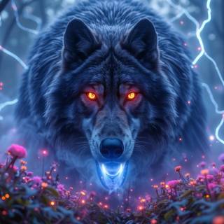 Wolf, lightning, florescent flowers