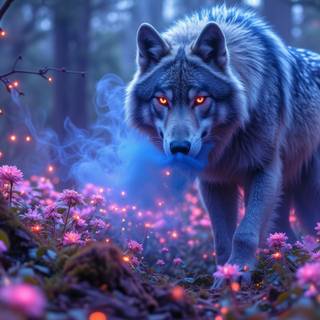 Wolf, lightning, florescent flowers