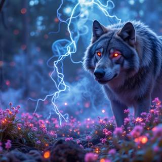 Wolf, lightning, florescent flowers