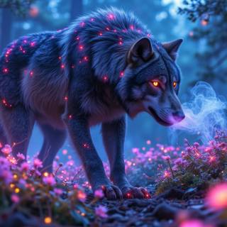Wolf, lightning, florescent flowers