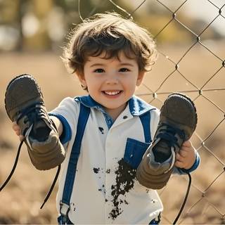 A Child Showing Their Shoes Covered in Mud on Field Generative AI 4K HD Wallpaper for PC Laptop MacBook