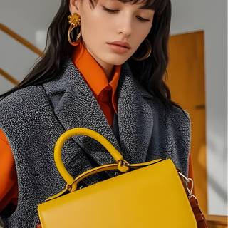 A Beautiful Female Model Wearing A Gray Suit And Carrying A Yellow Bag