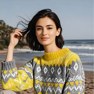 A Beautiful Female Model Wearing A Striped Yellow And Gray Outfit With A Beach Background