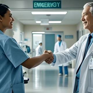  Doctor Shaking Hands With Nurse In Hospital Hallway