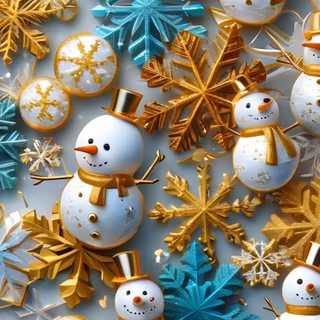 Teal and Golden Snowflake with Snowmen