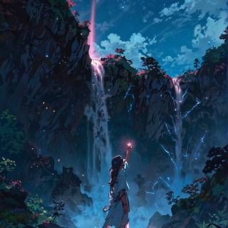 Neon Waterfall at Night