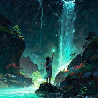 Neon Waterfall at Night