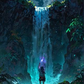 Neon Waterfall at Night