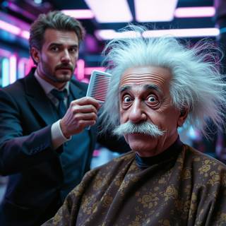 Albert Einstein in a hair salon.