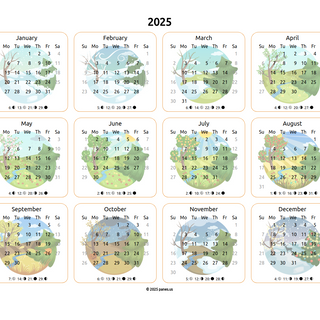 2025 Calendar with Seasons Graphics on a solid white background.