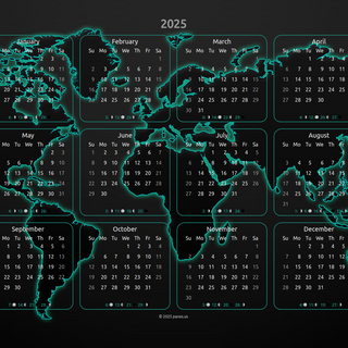 2025 Calendar with a Turquoise World Map on a solid black background.