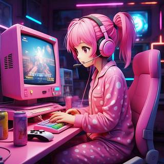 anime girl gaming (pink version)