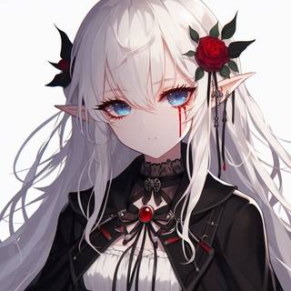 A picture of an elf from an anime wearing black clothes, white hair, blue eyes and blood red makeup under her eyes.