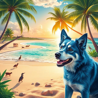 Tropical scene with blue australian cattle dog